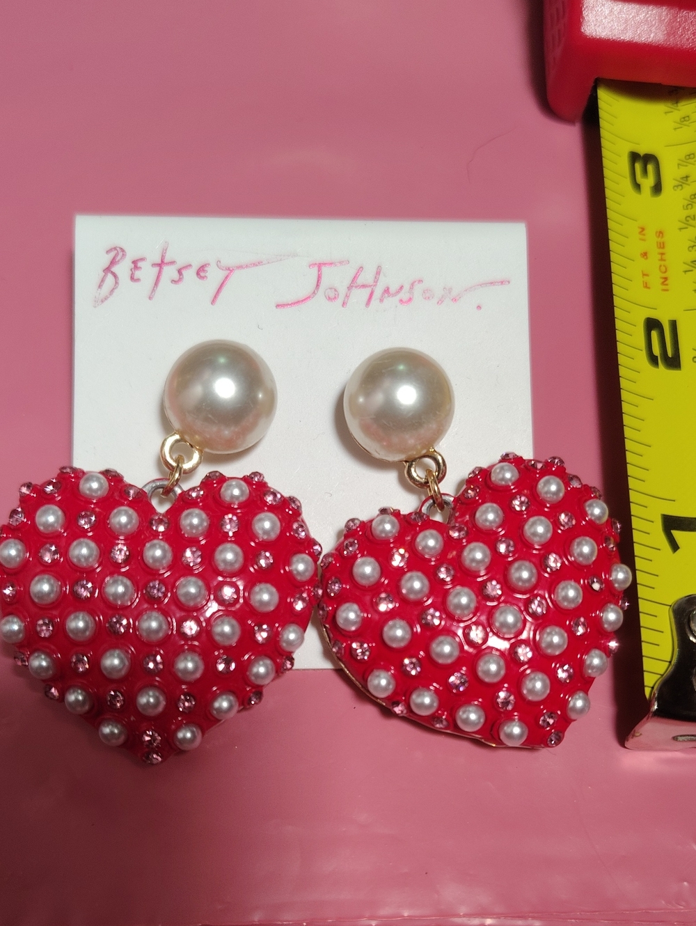 Betsey Johnson Red Heart Drop Earrings with Pearl Accents